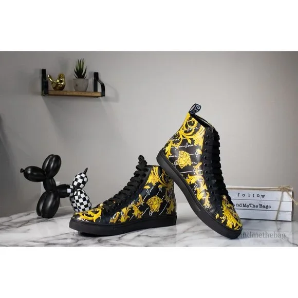 NEW Versace High Top Leather Vitello Barocco Style Print Sneaker Shoes  12